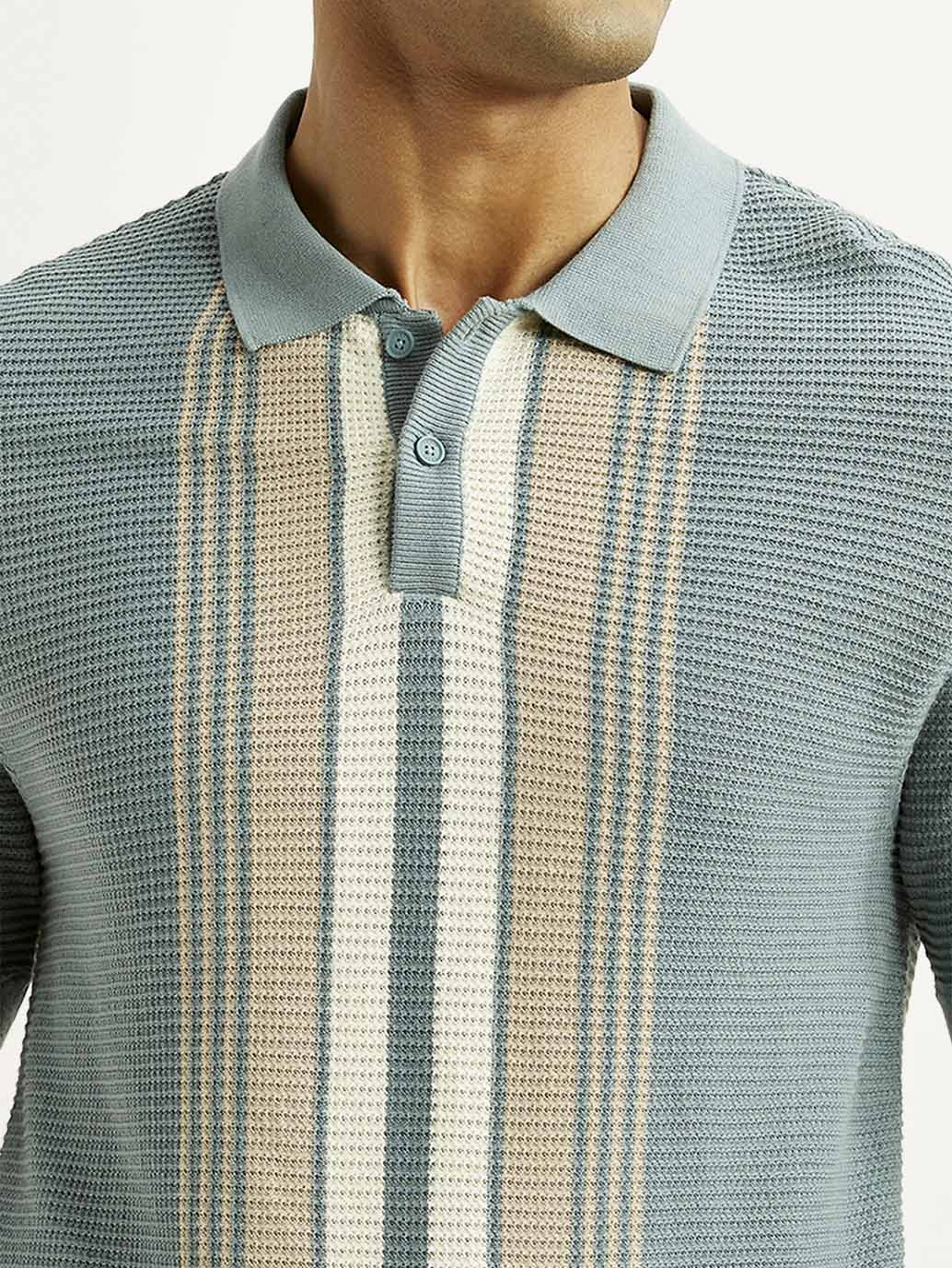 Men's Striped Light Blue Polo T-shirt - Image 3