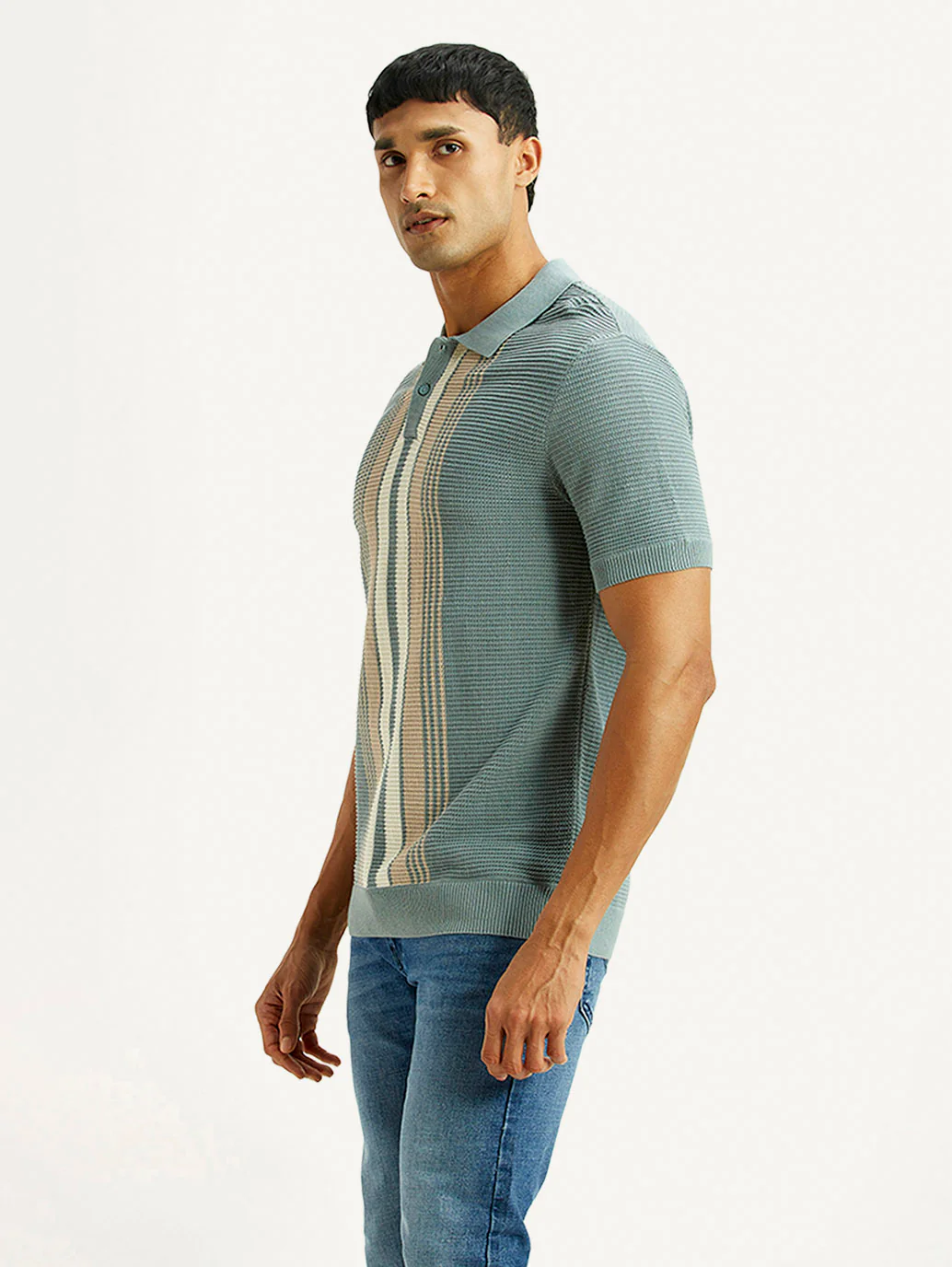 Men's Striped Light Blue Polo T-shirt - Image 4