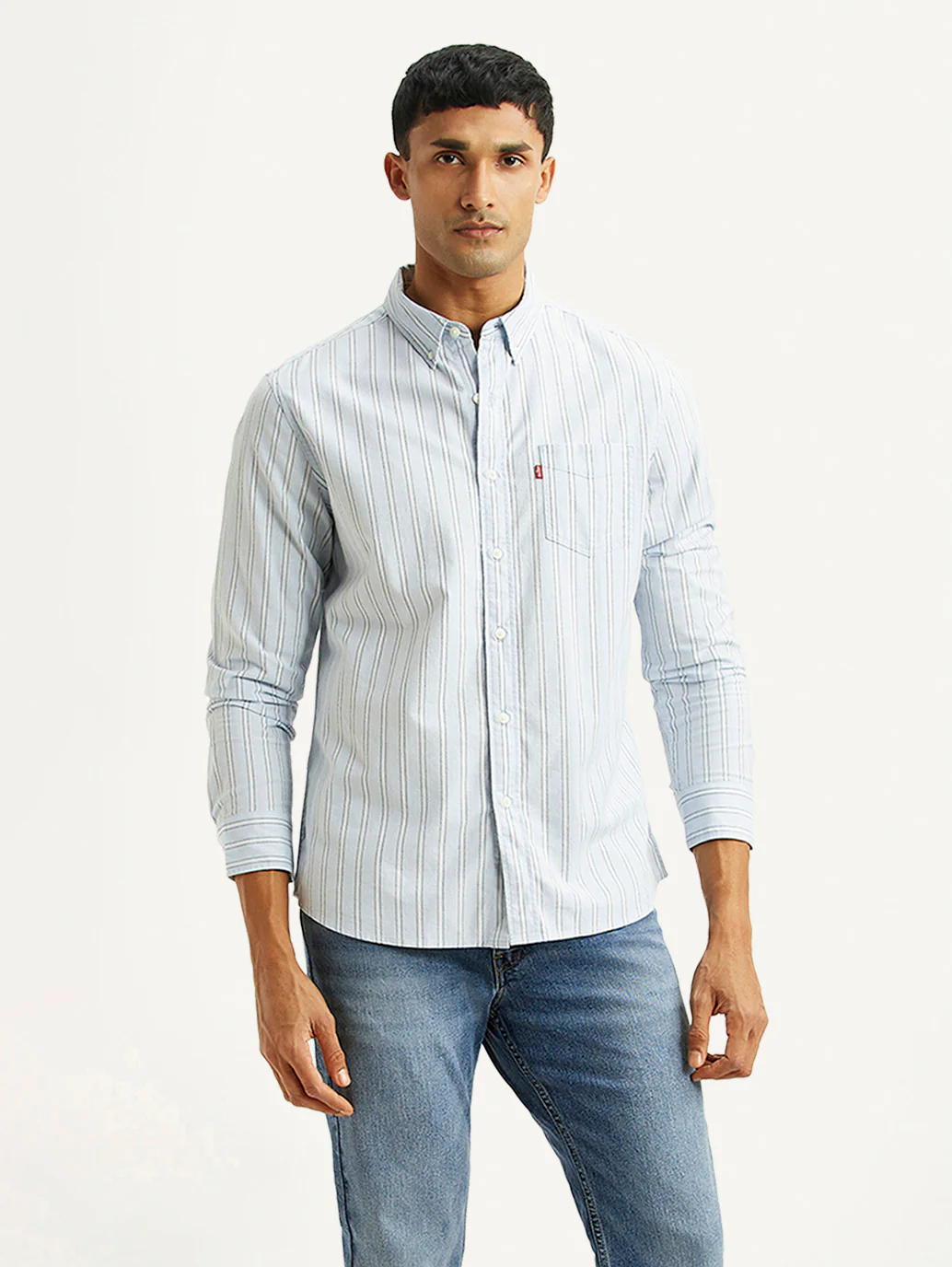 Men's Striped Light Blue Slim Fit Oxford Shirt - Image 5