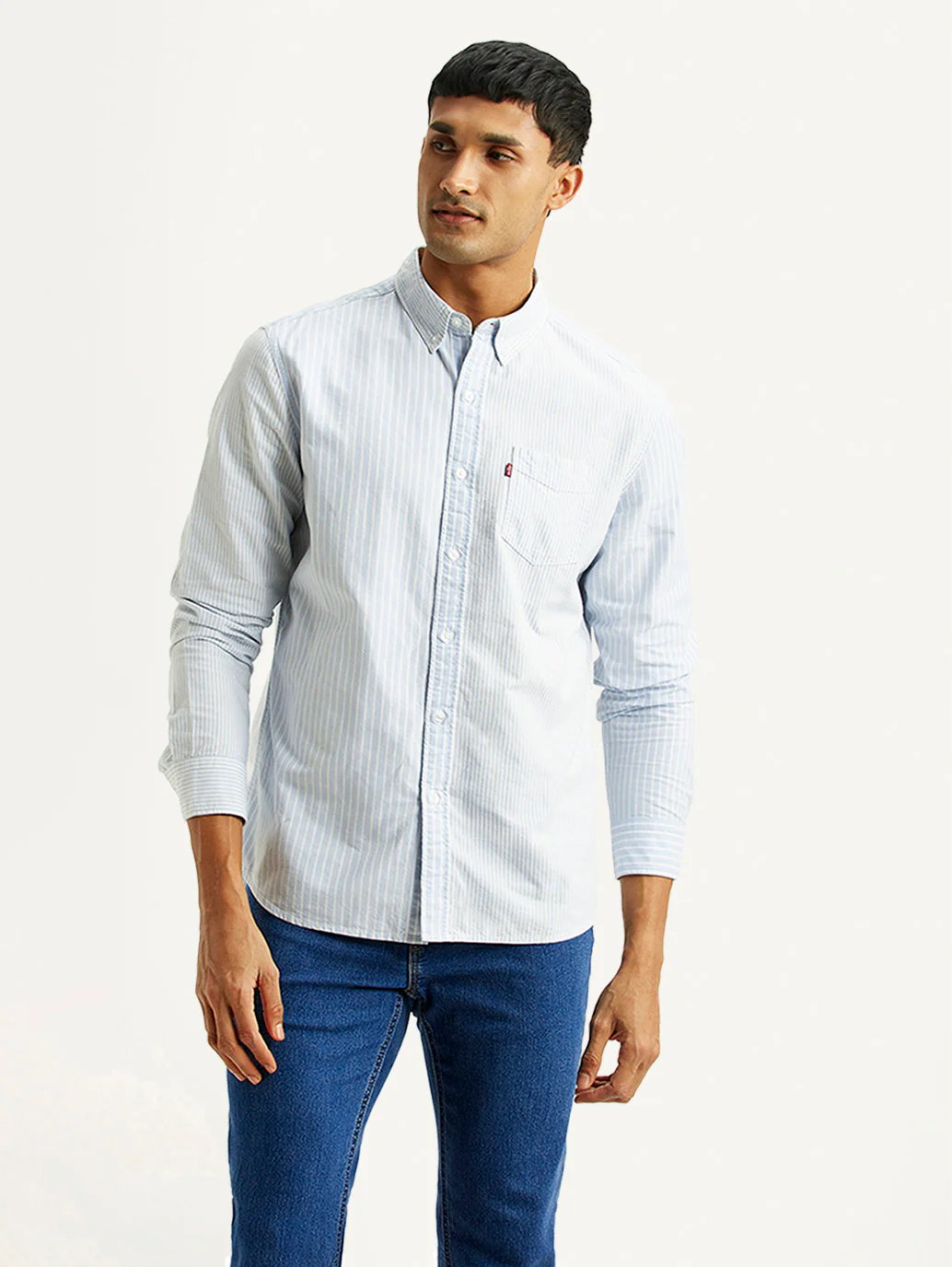 Men's Striped Light Blue Slim Fit Oxford Shirt - Image 2