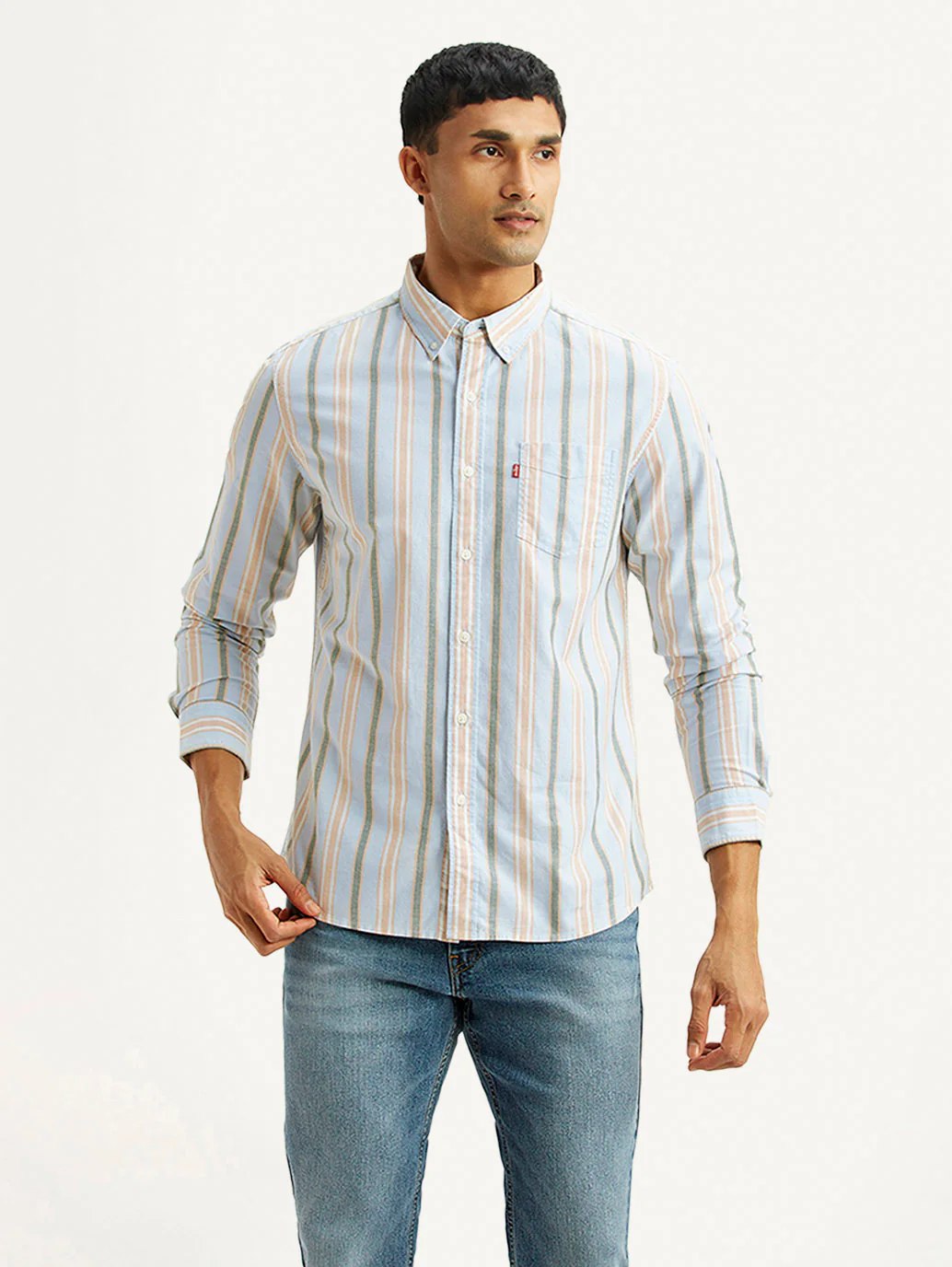 Men's Striped Light Blue Slim Fit Oxford Shirt - Image 2