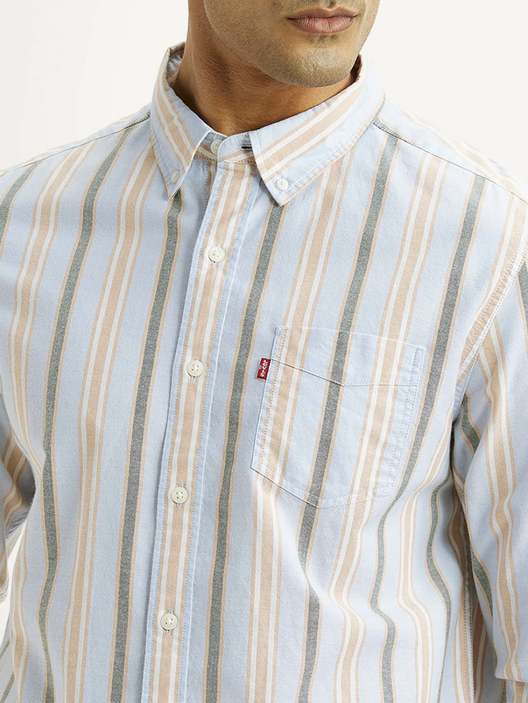 Men's Striped Light Blue Slim Fit Oxford Shirt - Image 4