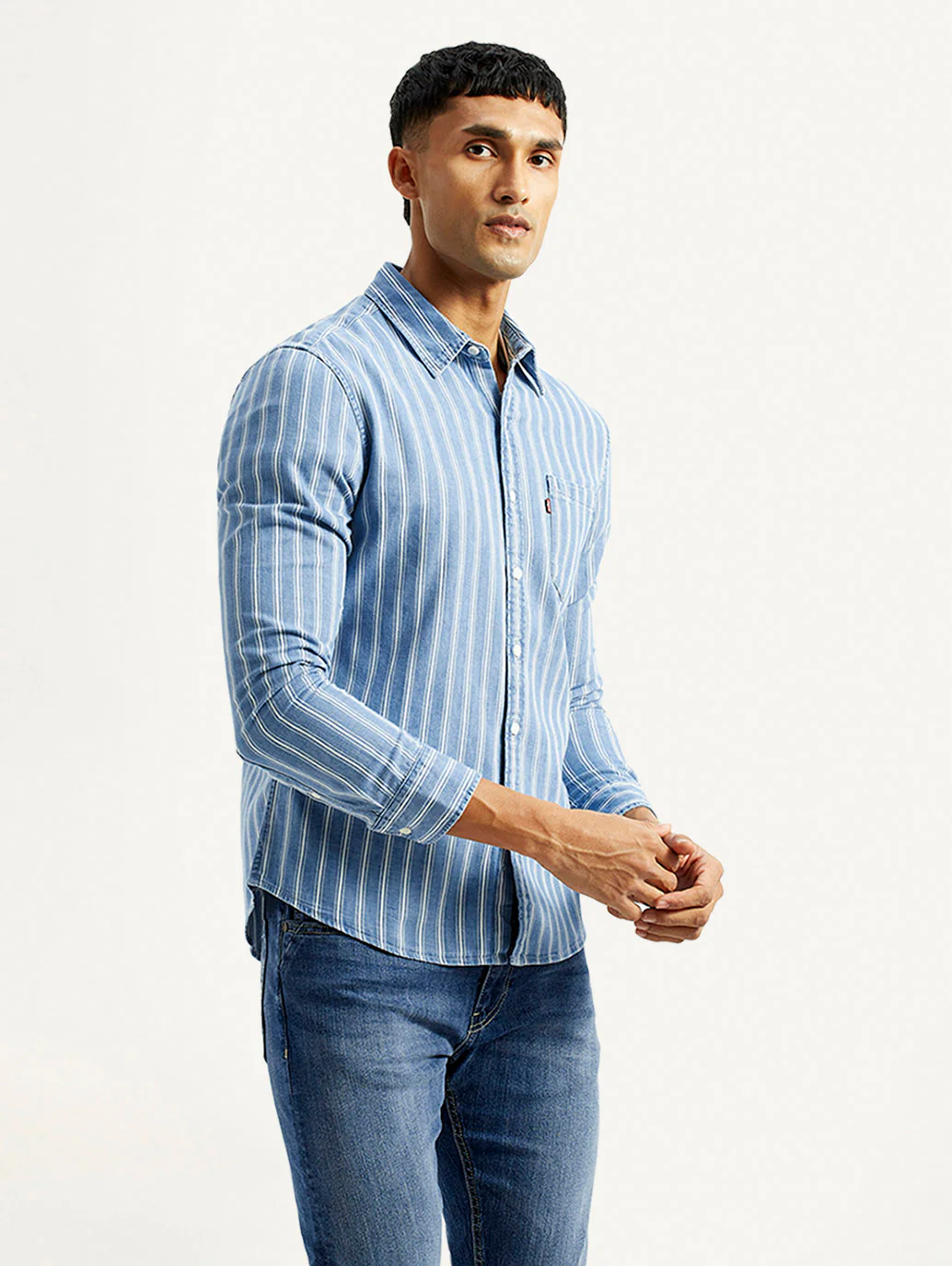 Men's Striped Light Blue Slim Fit Shirt - Image 5