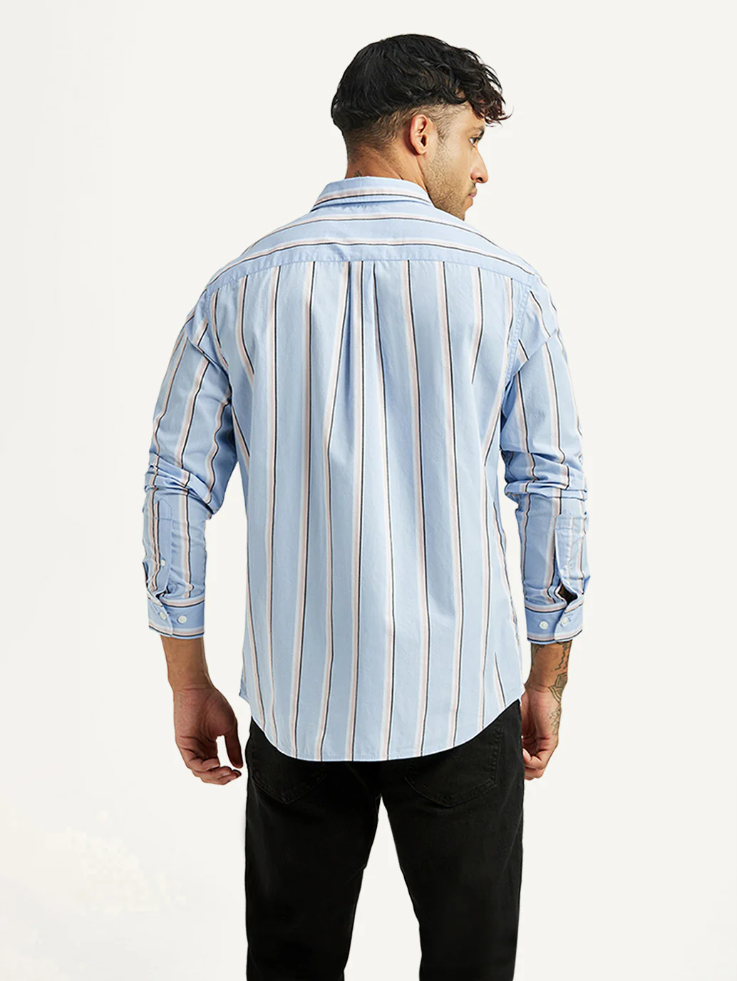 Men's Striped Light Blue Slim Fit Poplin Shirt - Image 2