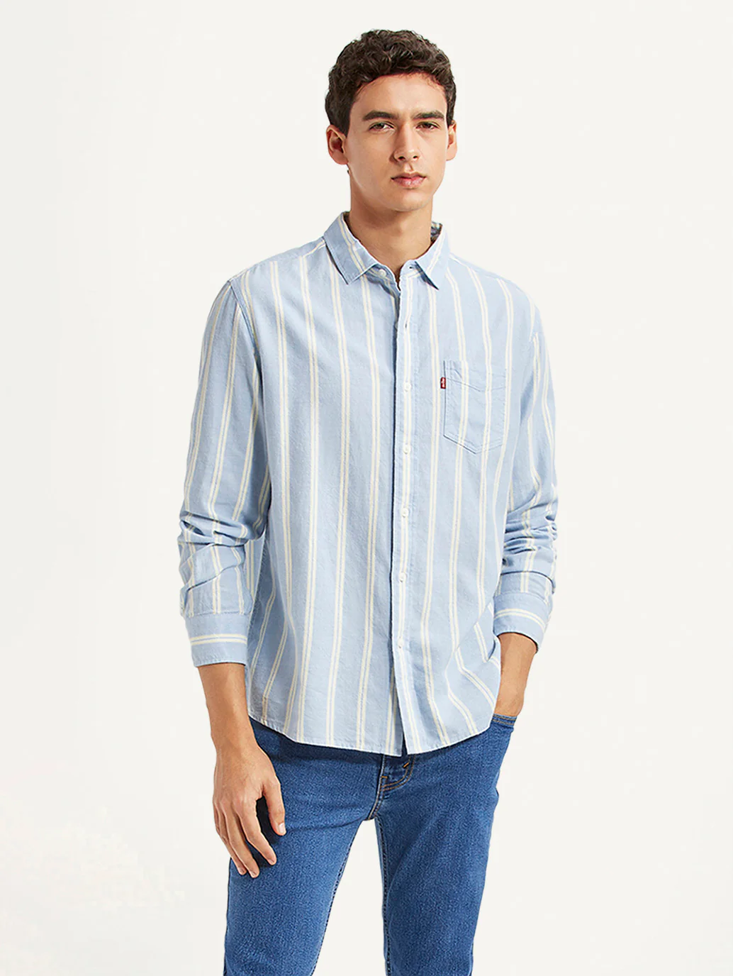 Men's Striped Light Blue Slim Fit Shirt - Image 5
