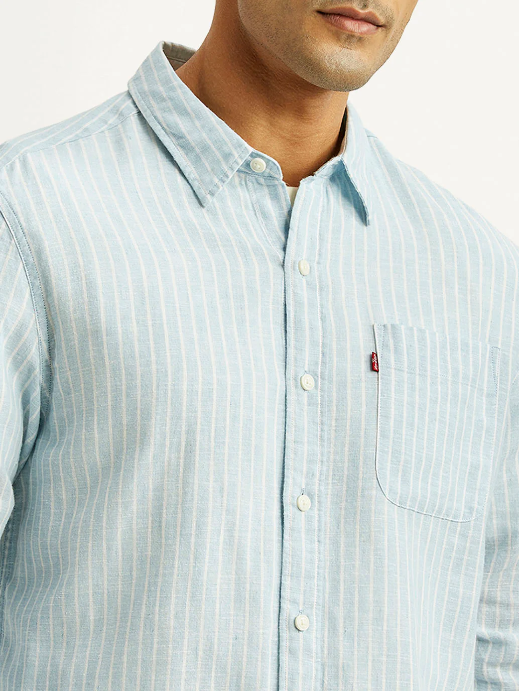 Men's Striped Light Blue Slim Fit Linen Shirt - Image 3