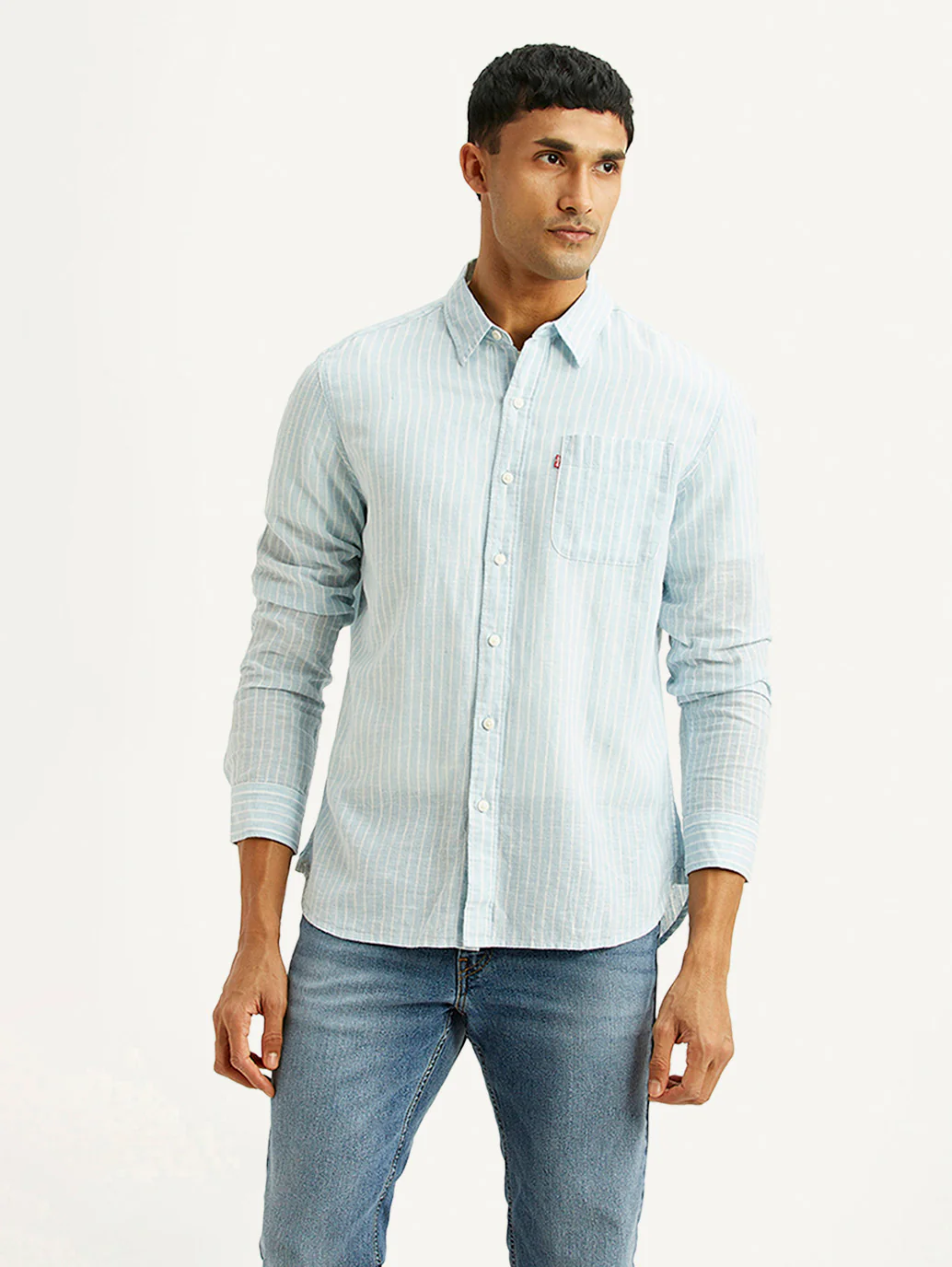 Men's Striped Light Blue Slim Fit Linen Shirt - Image 4