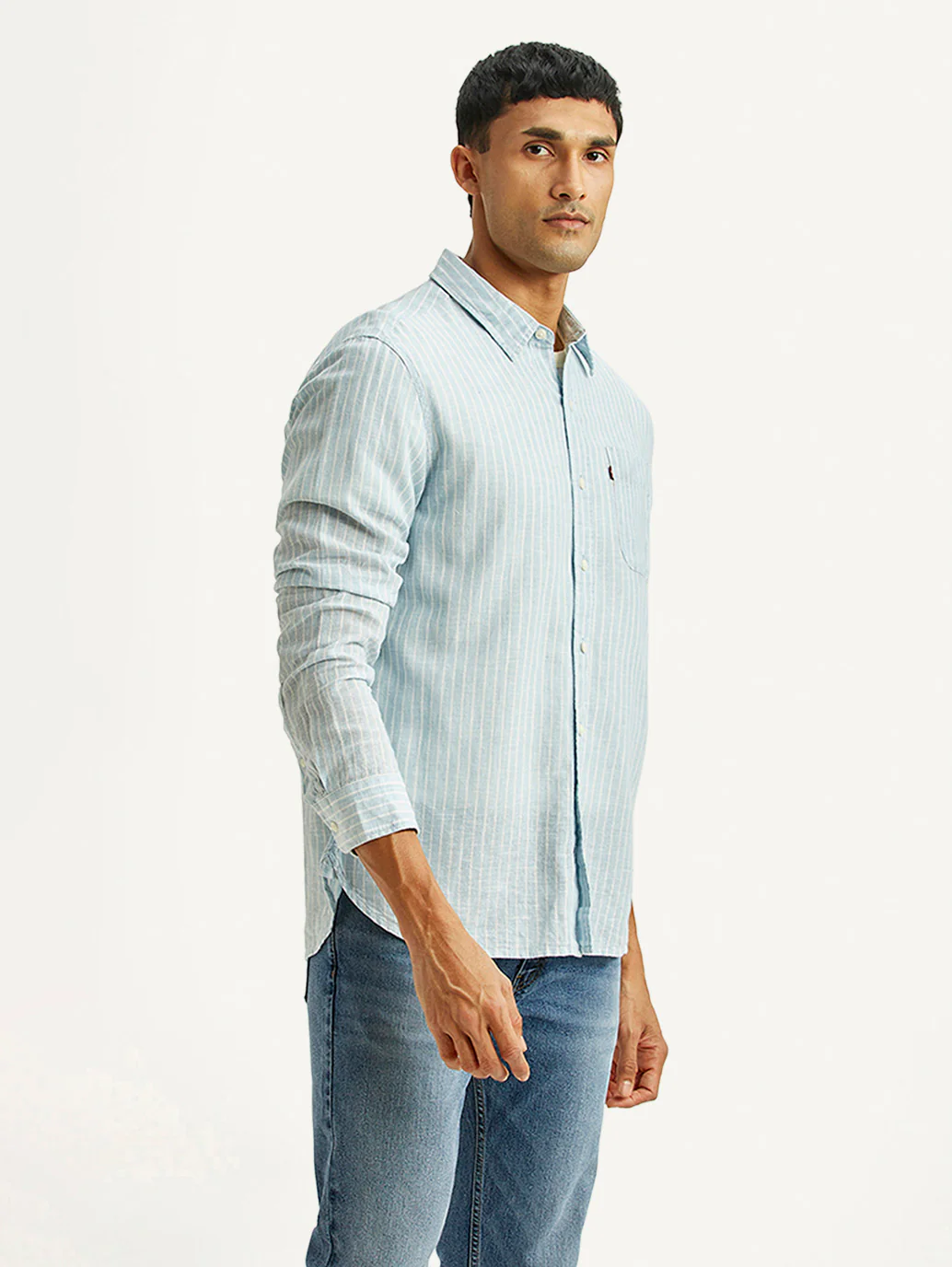 Men's Striped Light Blue Slim Fit Linen Shirt - Image 5