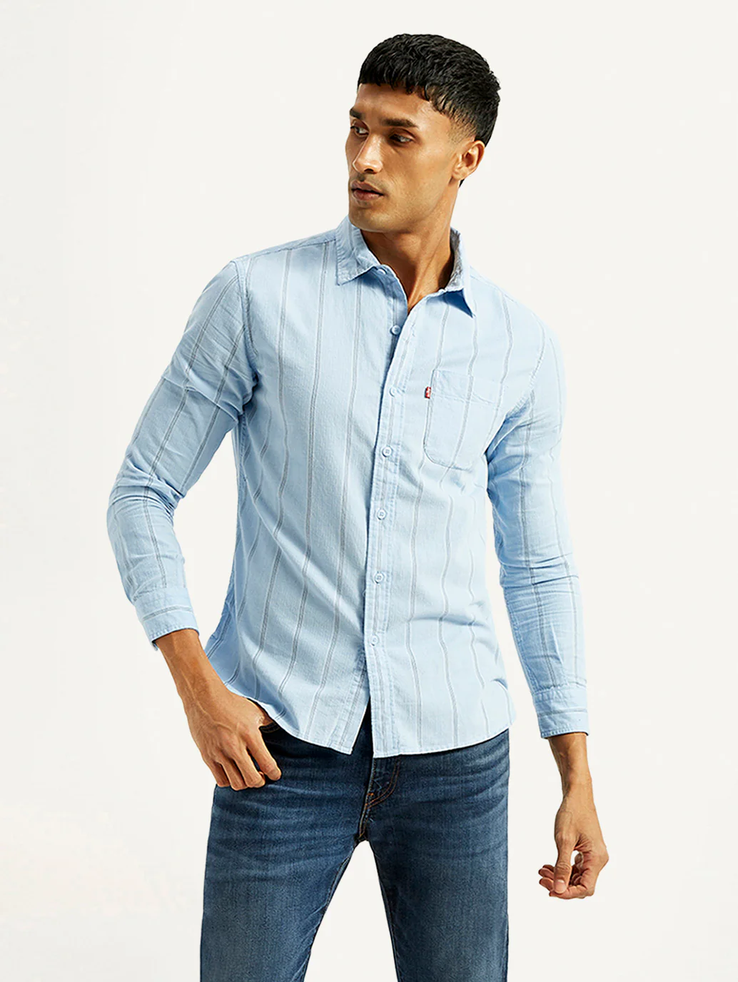 Men's Striped Light Blue Slim Fit Shirt - Image 2