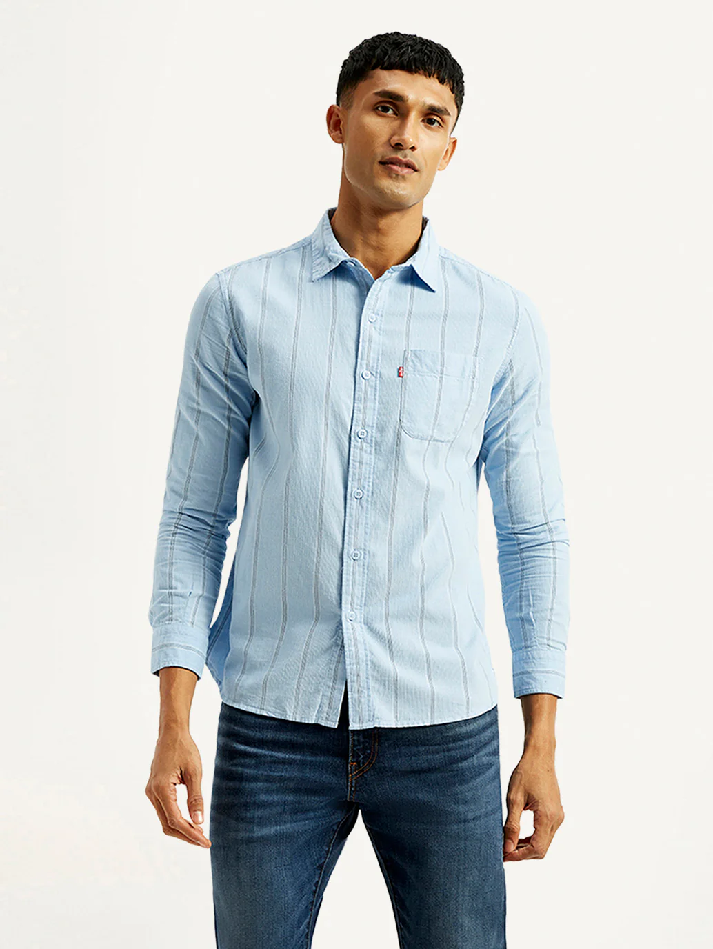Men's Striped Light Blue Slim Fit Shirt - Image 3