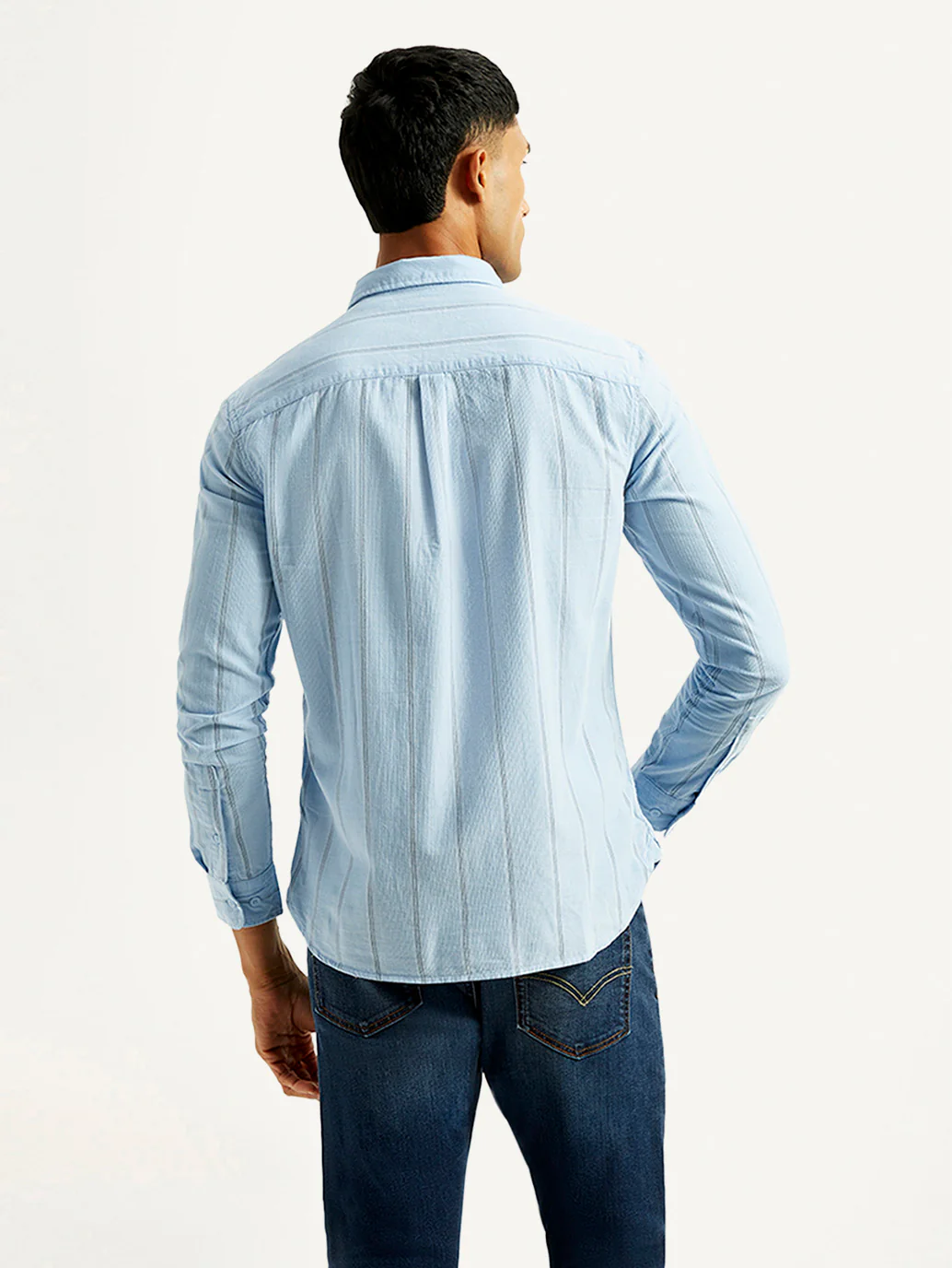 Men's Striped Light Blue Slim Fit Shirt - Image 4