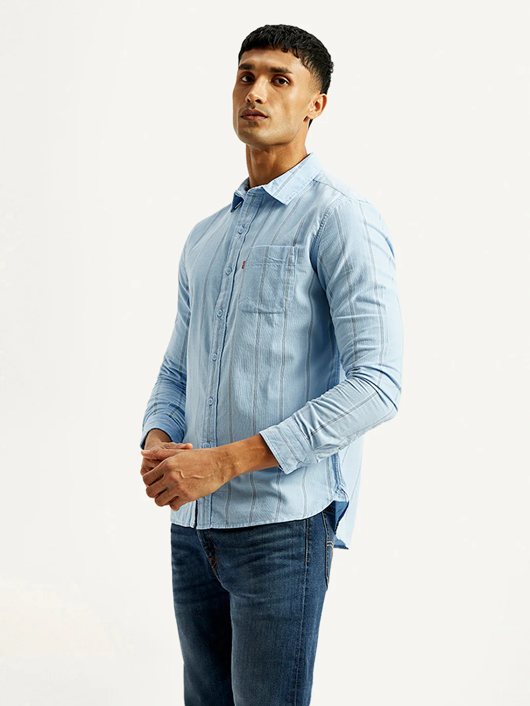 Men's Striped Light Blue Slim Fit Shirt - Image 6