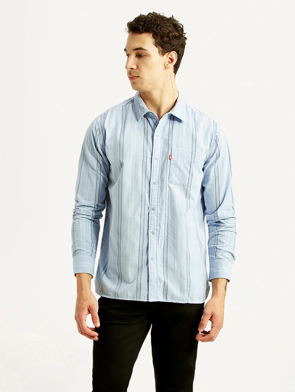 Men's Striped Light Blue Slim Fit Corduroy Shirt - Image 2
