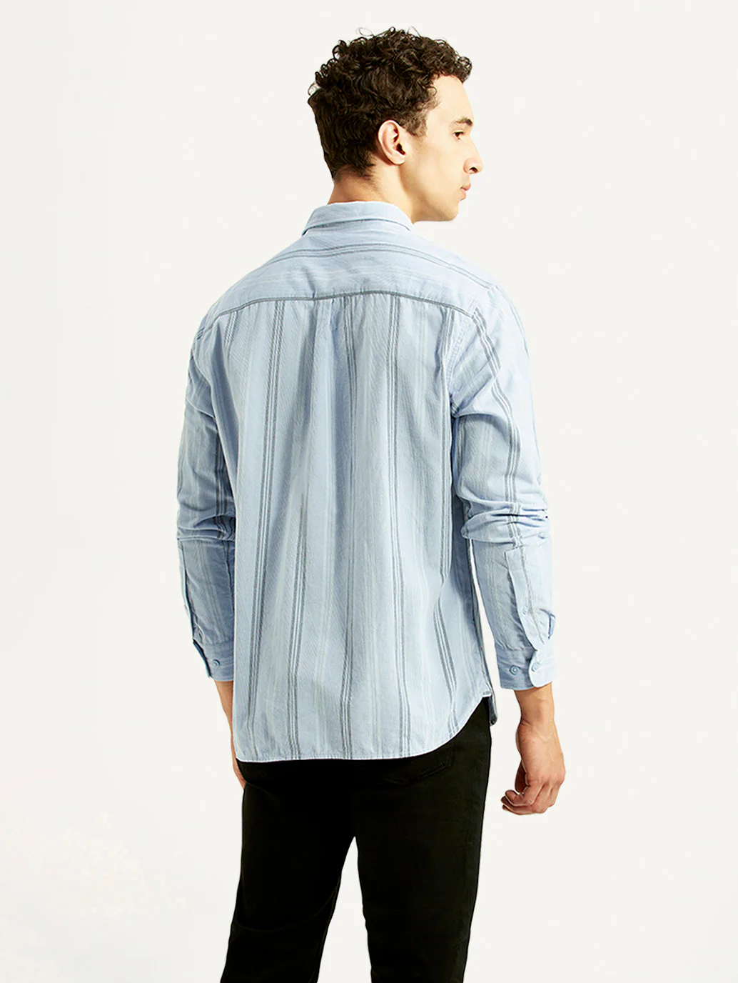 Men's Striped Light Blue Slim Fit Corduroy Shirt - Image 3