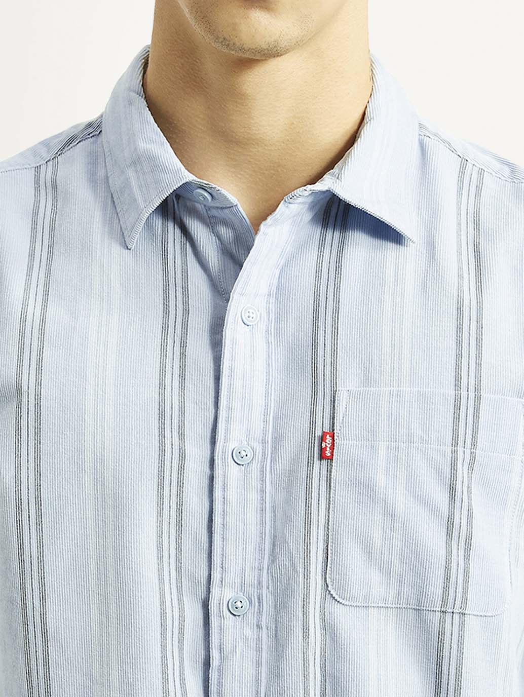 Men's Striped Light Blue Slim Fit Corduroy Shirt - Image 4