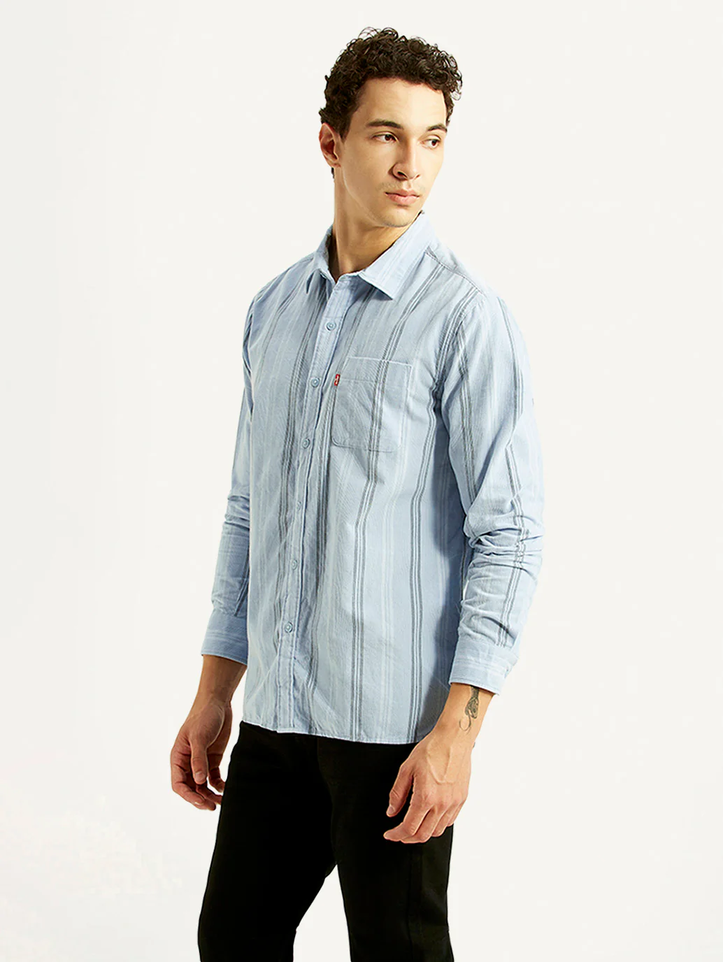 Men's Striped Light Blue Slim Fit Corduroy Shirt - Image 5