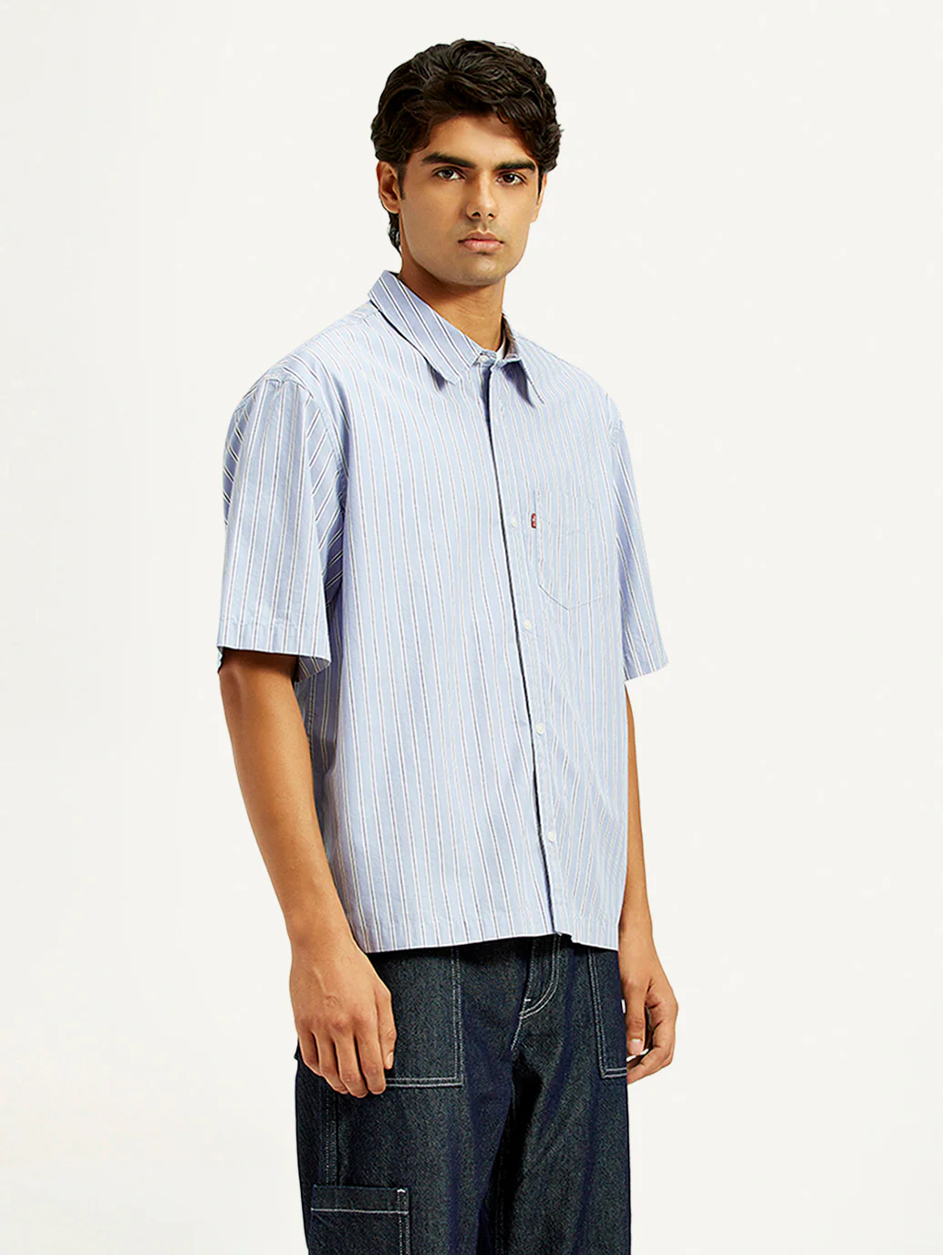 Men's Striped Light Blue Spread Collar Shirt - Image 5