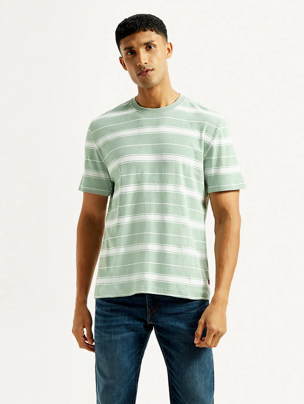 Men's Striped Light Green Crew Neck T-shirt - Image 2
