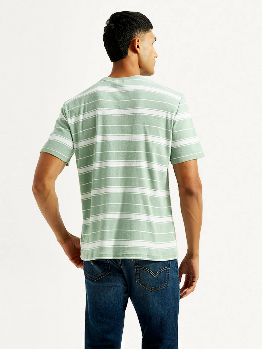 Men's Striped Light Green Crew Neck T-shirt - Image 3