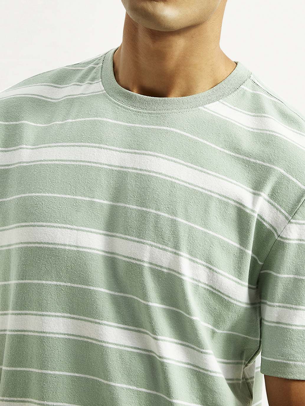 Men's Striped Light Green Crew Neck T-shirt - Image 4