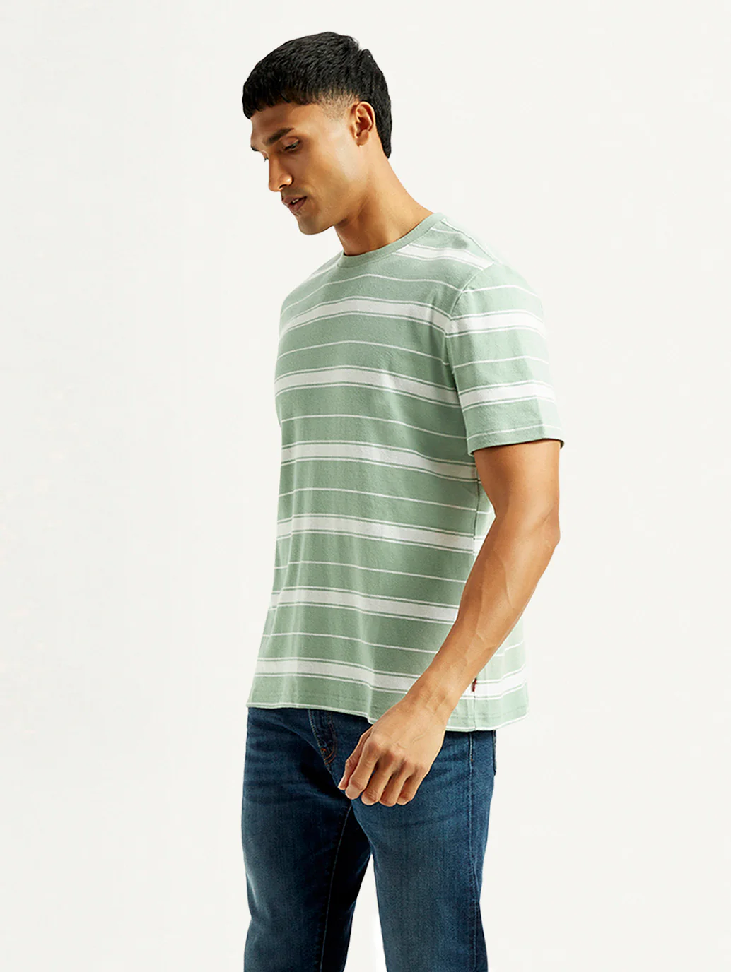 Men's Striped Light Green Crew Neck T-shirt - Image 5