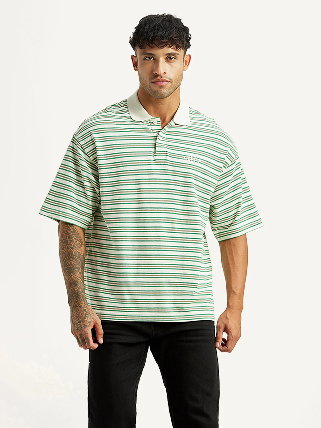 Men's Striped Light Green Loose Fit Polo T-shirt - Image 2