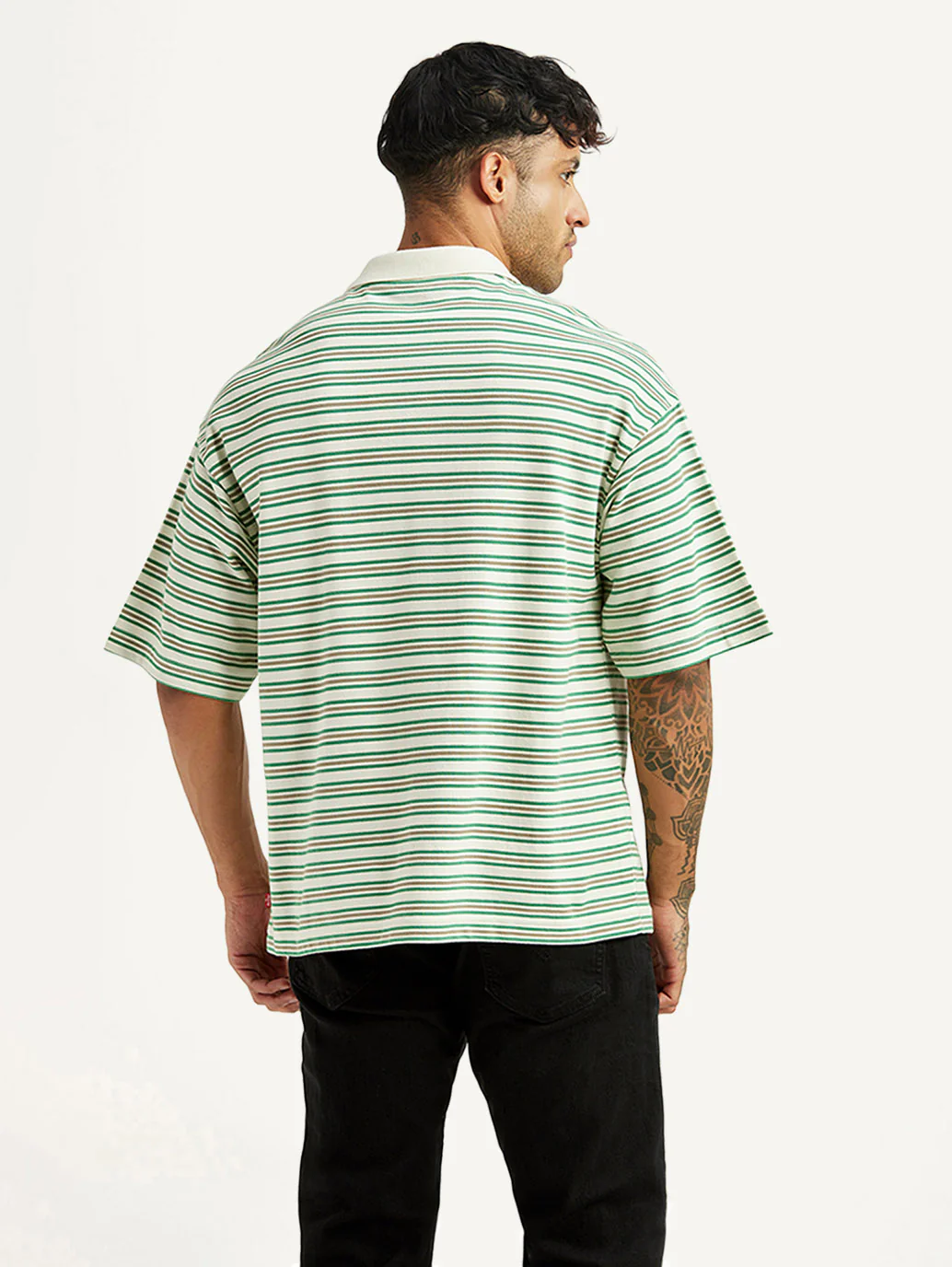Men's Striped Light Green Loose Fit Polo T-shirt - Image 3