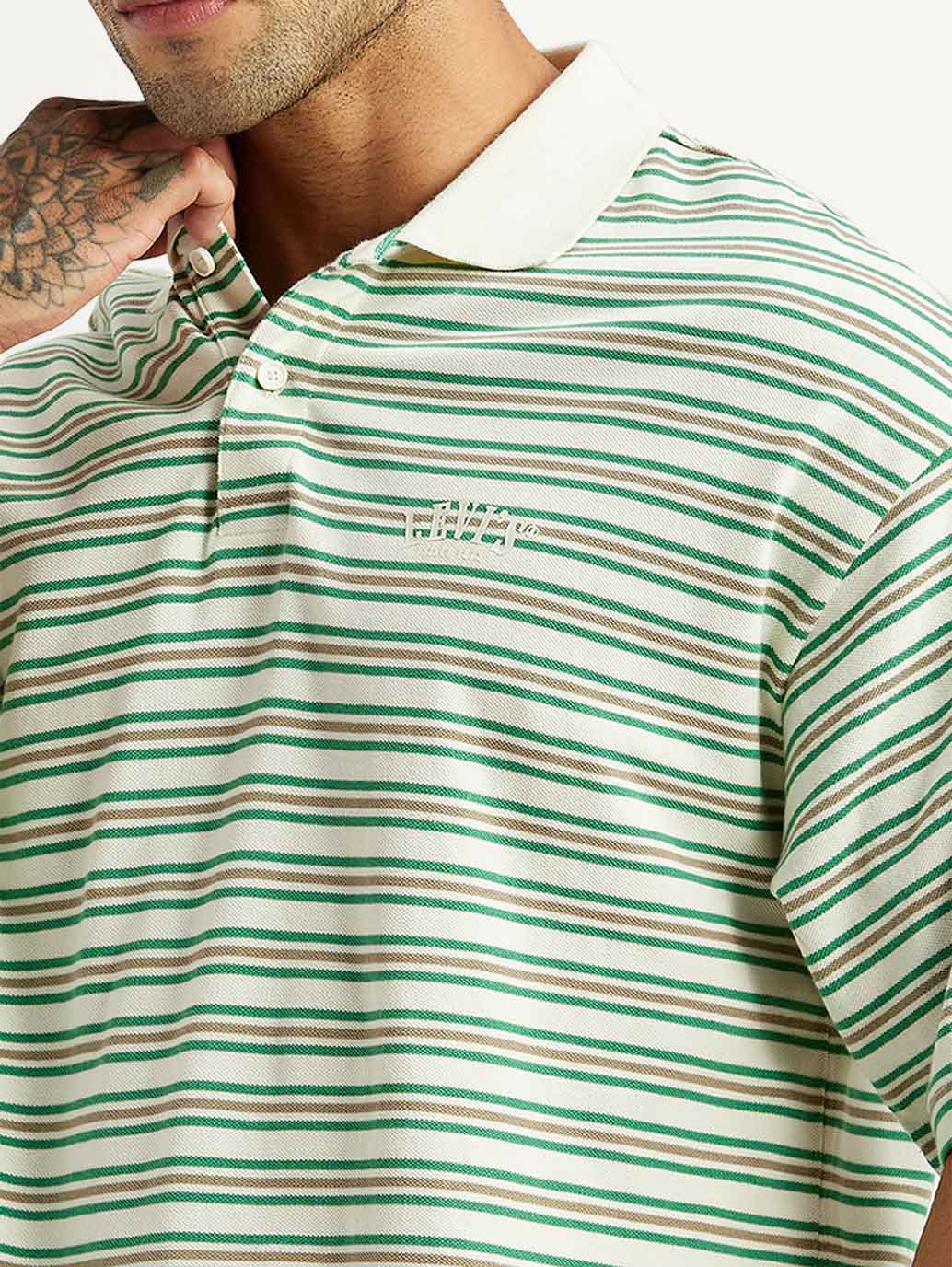 Men's Striped Light Green Loose Fit Polo T-shirt - Image 4