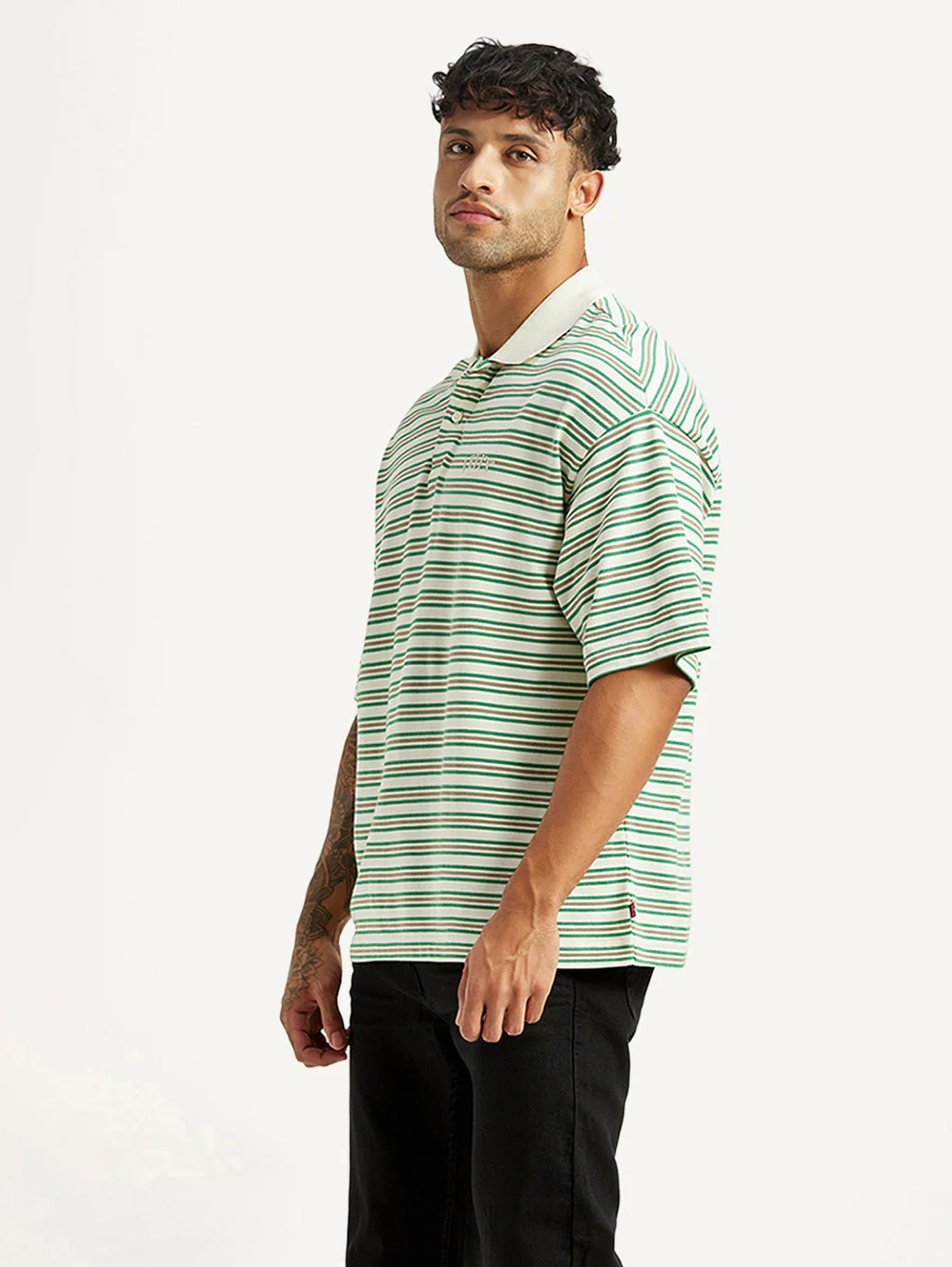 Men's Striped Light Green Loose Fit Polo T-shirt - Image 5