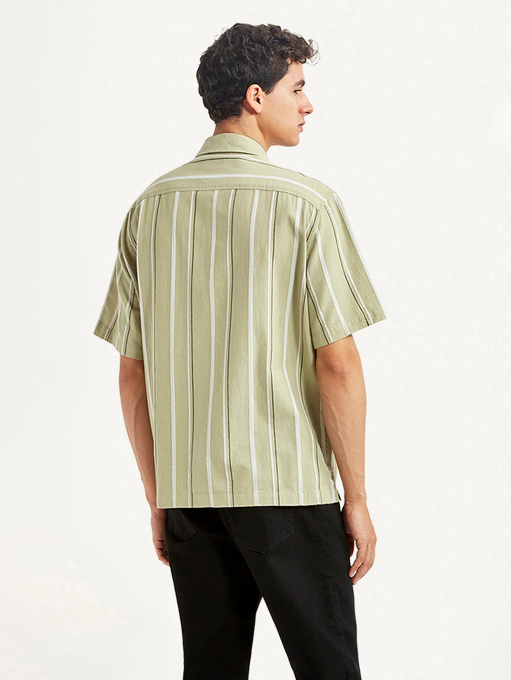 Men's Striped Light Green Relaxed Fit Camp Shirt - Image 2