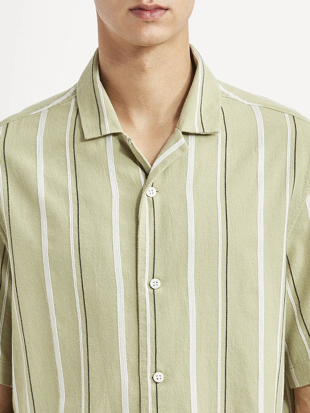 Men's Striped Light Green Relaxed Fit Camp Shirt - Image 3
