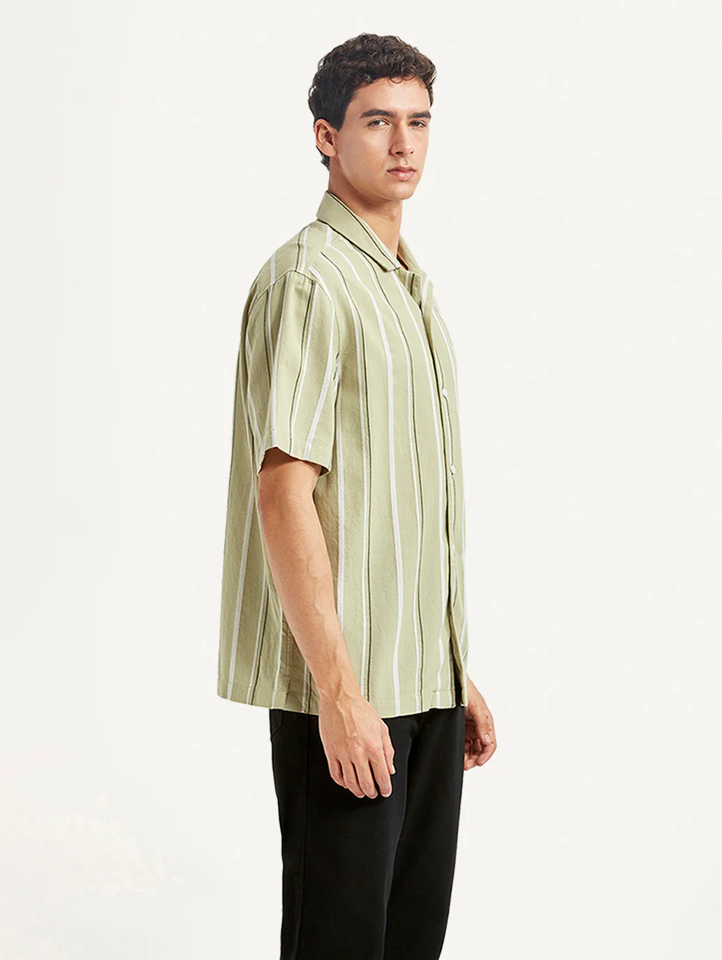 Men's Striped Light Green Relaxed Fit Camp Shirt - Image 4