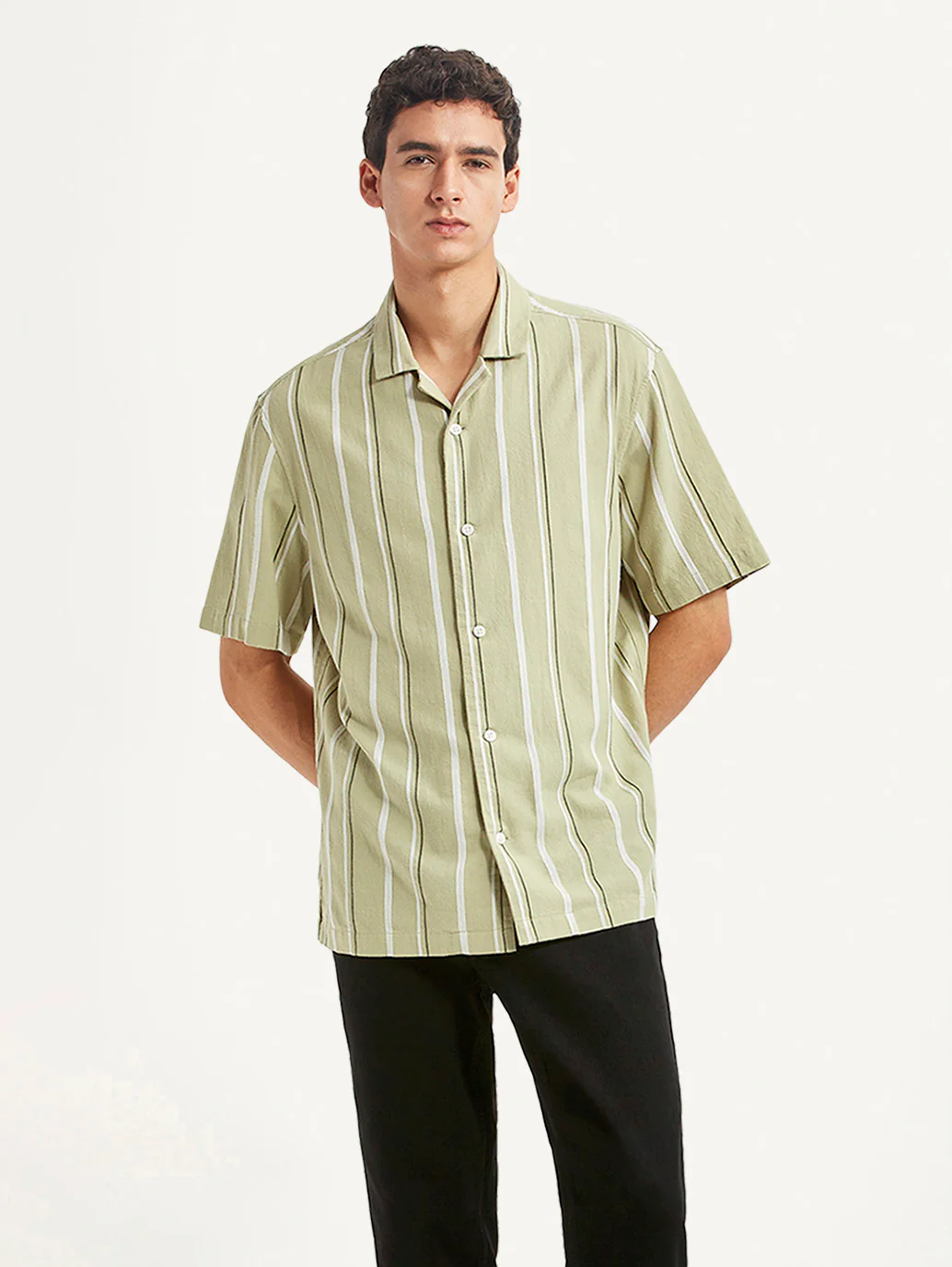 Men's Striped Light Green Relaxed Fit Camp Shirt - Image 5