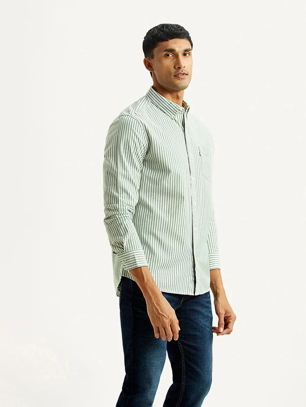 Men's Striped Light Green Slim Fit Oxford Shirt - Image 3