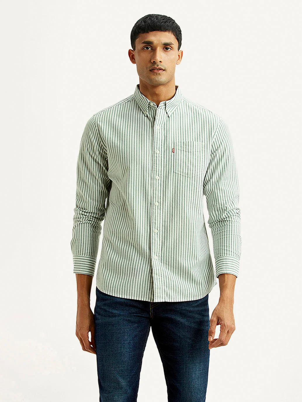 Men's Striped Light Green Slim Fit Oxford Shirt - Image 4