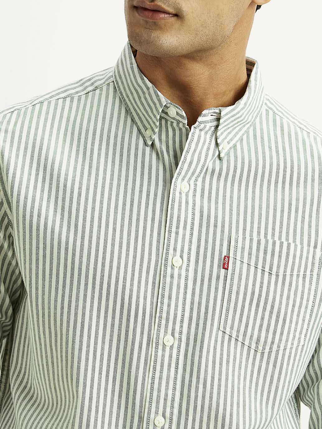 Men's Striped Light Green Slim Fit Oxford Shirt - Image 5