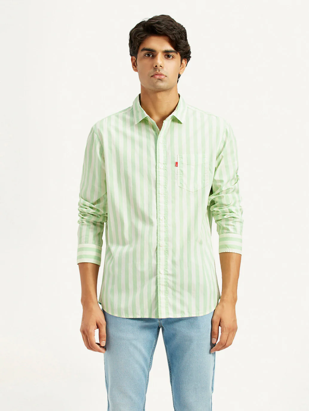 Men's Striped Light Green Slim Fit Shirt - Image 2