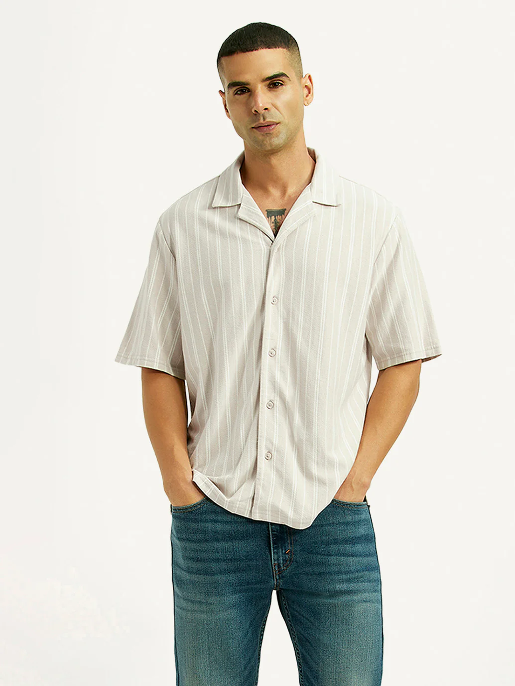 Men's Striped Off White Relaxed Fit Camp Shirt