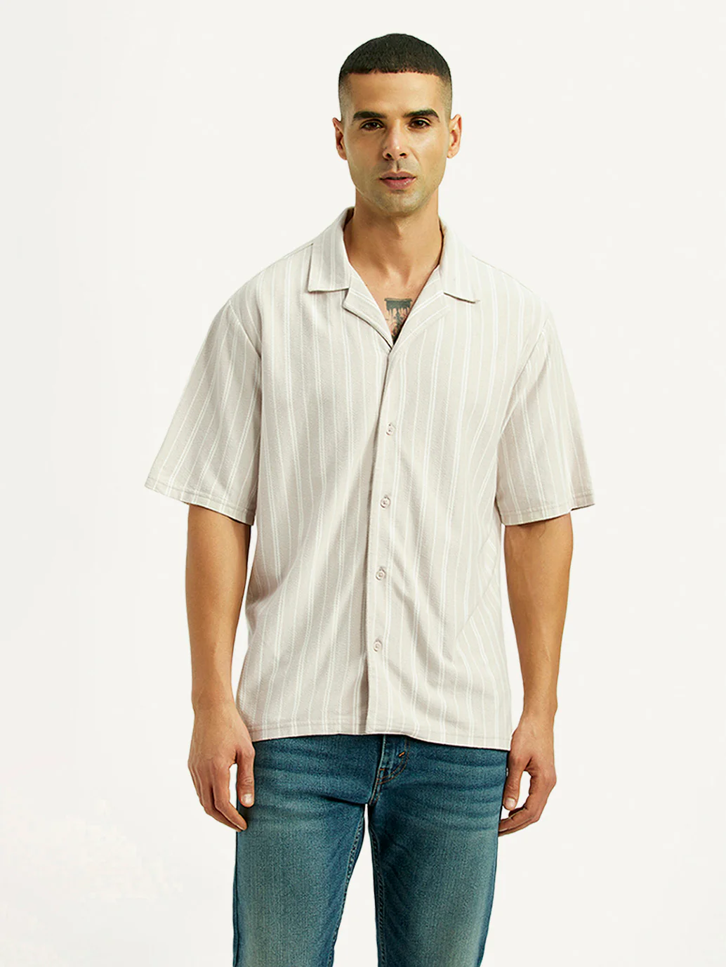 Men's Striped Off White Relaxed Fit Camp Shirt - Image 2