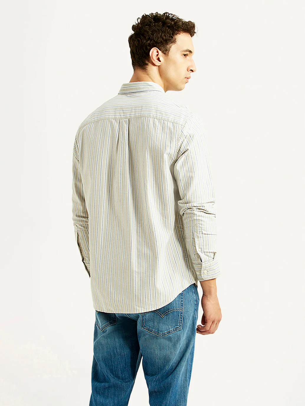 Men's Striped Light Grey Slim Fit Oxford Shirt - Image 3