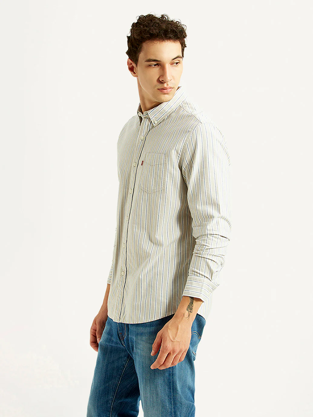 Men's Striped Light Grey Slim Fit Oxford Shirt - Image 5