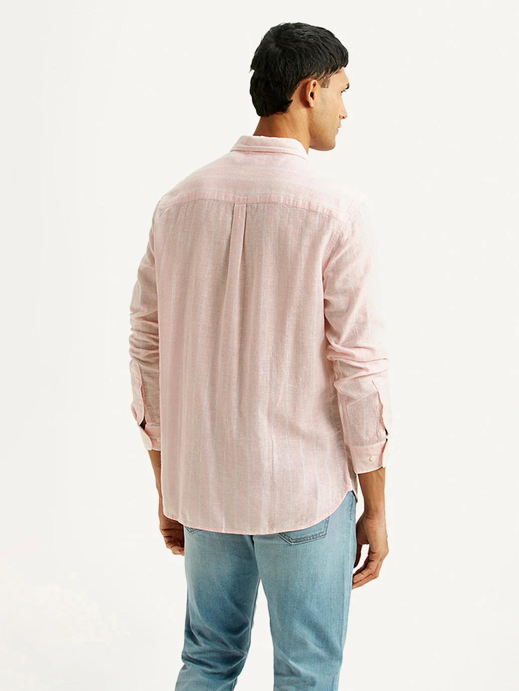 Men's Striped Light Pink Slim Fit Linen Shirt - Image 2