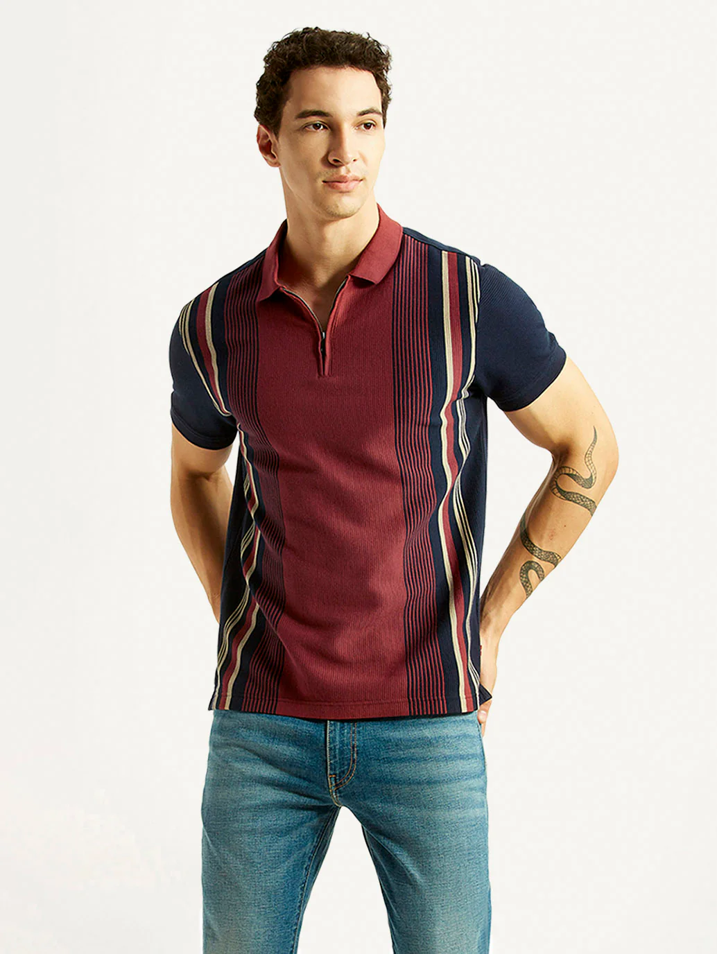 Men's Striped Maroon Slim Fit Polo T-shirt