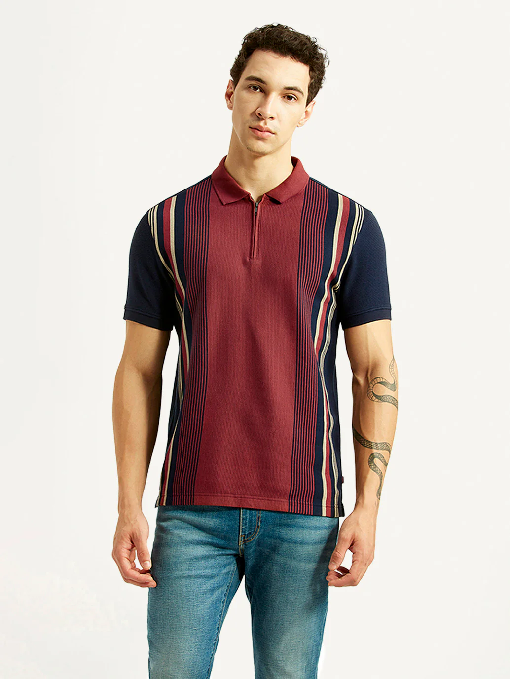 Men's Striped Maroon Slim Fit Polo T-shirt - Image 2