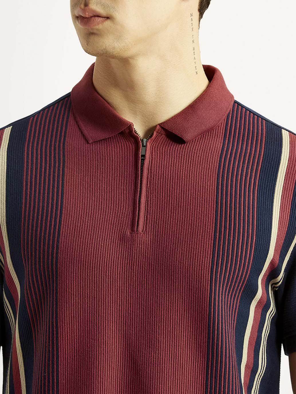 Men's Striped Maroon Slim Fit Polo T-shirt - Image 4