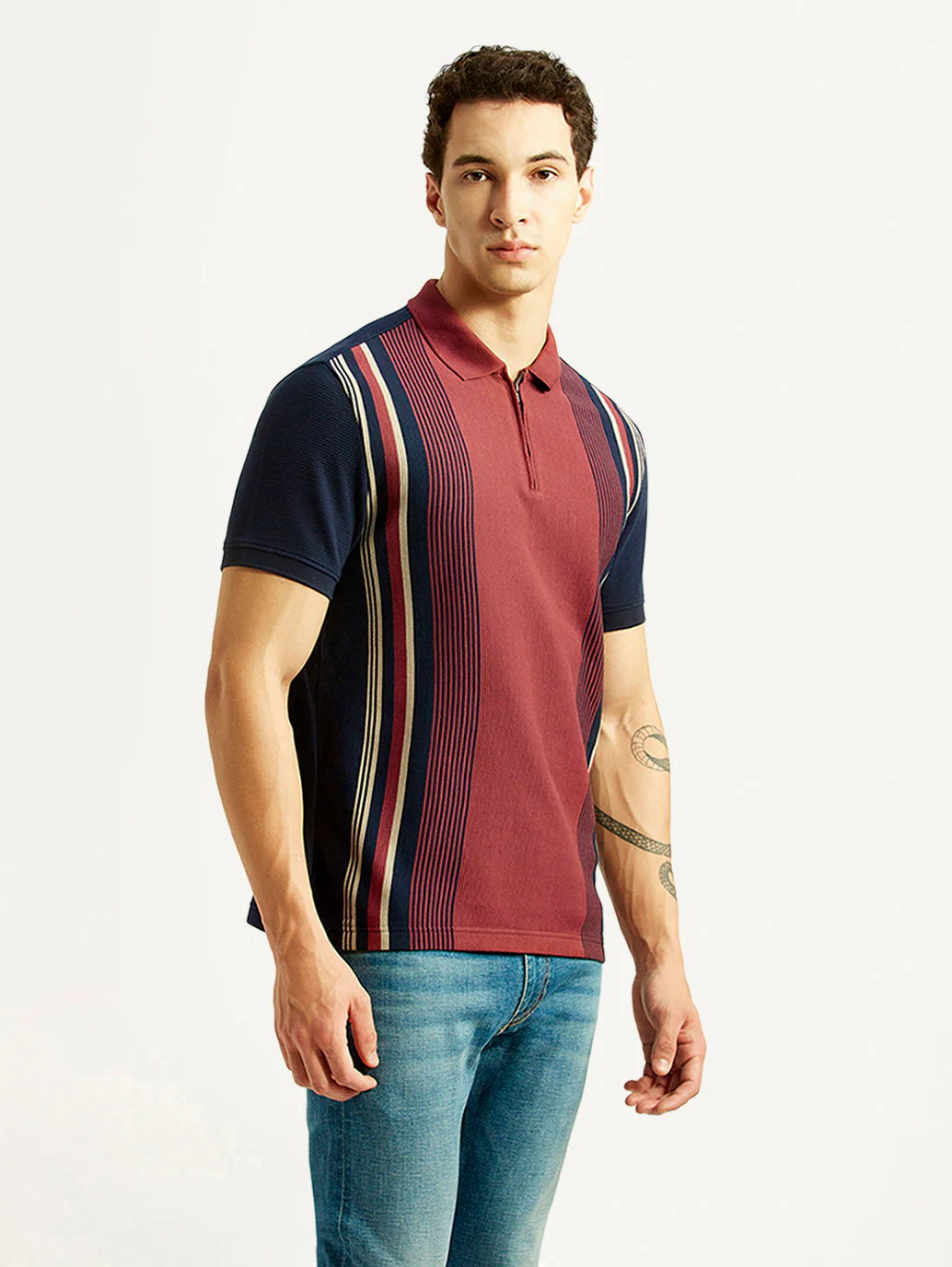 Men's Striped Maroon Slim Fit Polo T-shirt - Image 5