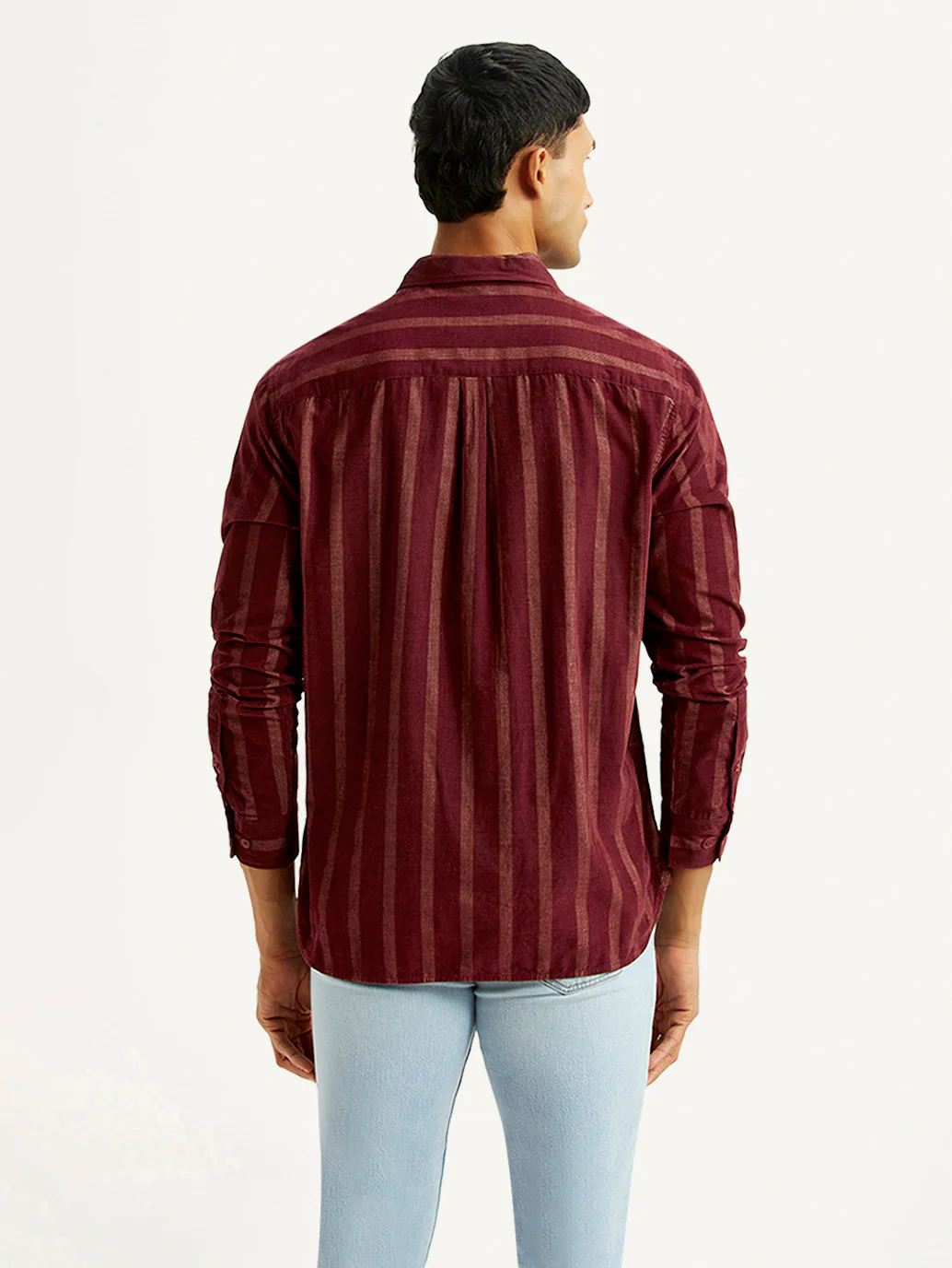 Men's Striped Maroon Slim Fit Corduroy Shirt - Image 2
