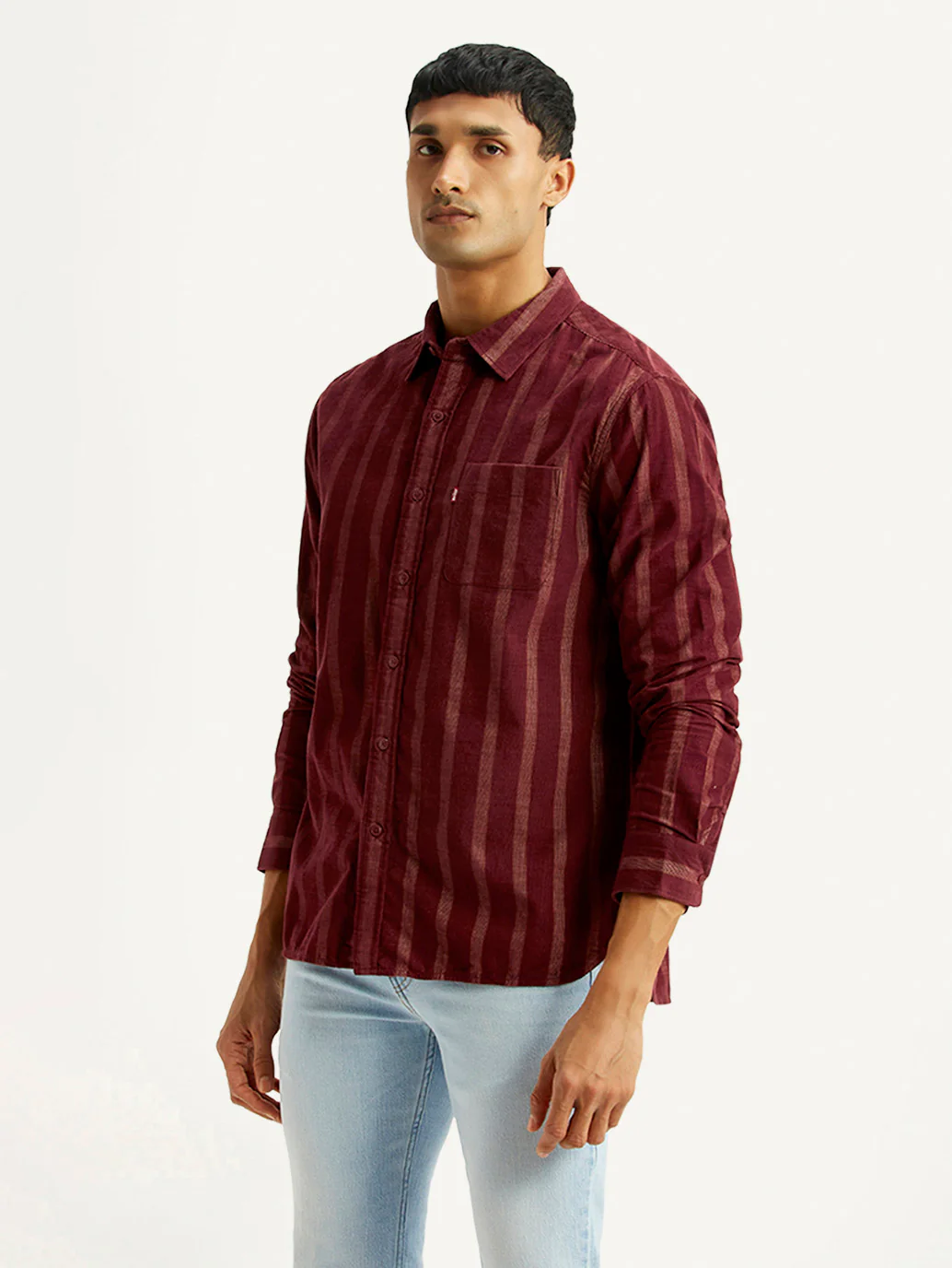 Men's Striped Maroon Slim Fit Corduroy Shirt - Image 3