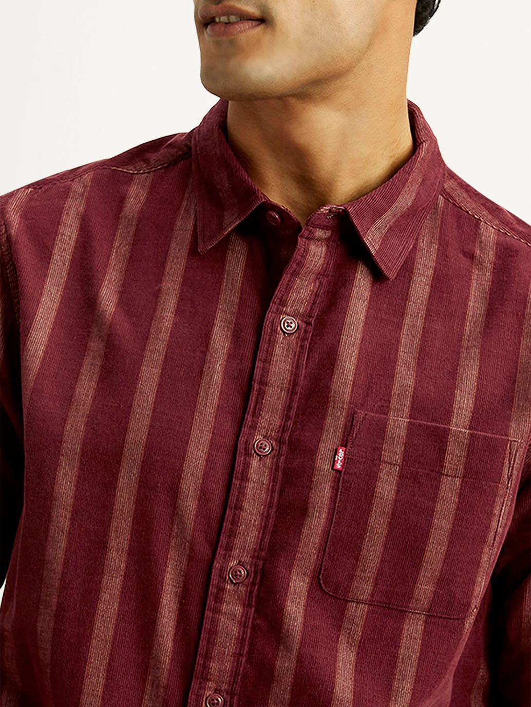 Men's Striped Maroon Slim Fit Corduroy Shirt - Image 4