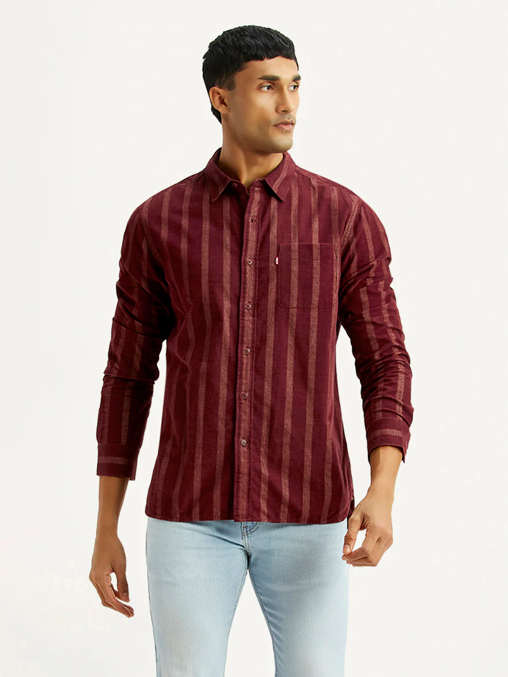 Men's Striped Maroon Slim Fit Corduroy Shirt - Image 5